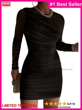 Women Ruched Bodycon Mini Party Dress Sheer Long Sleeve Mesh Club Night Out